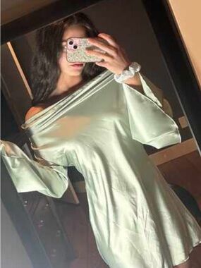 Off-Shoulder Satin Mini Dress in Light Mint